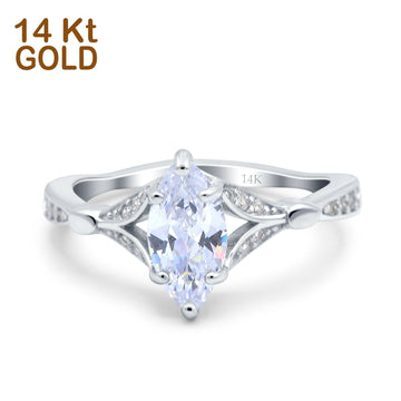 14K White Gold Marquise Art Deco Engagement Wedding Bridal Ring Round Simulated Cubic Zirconia